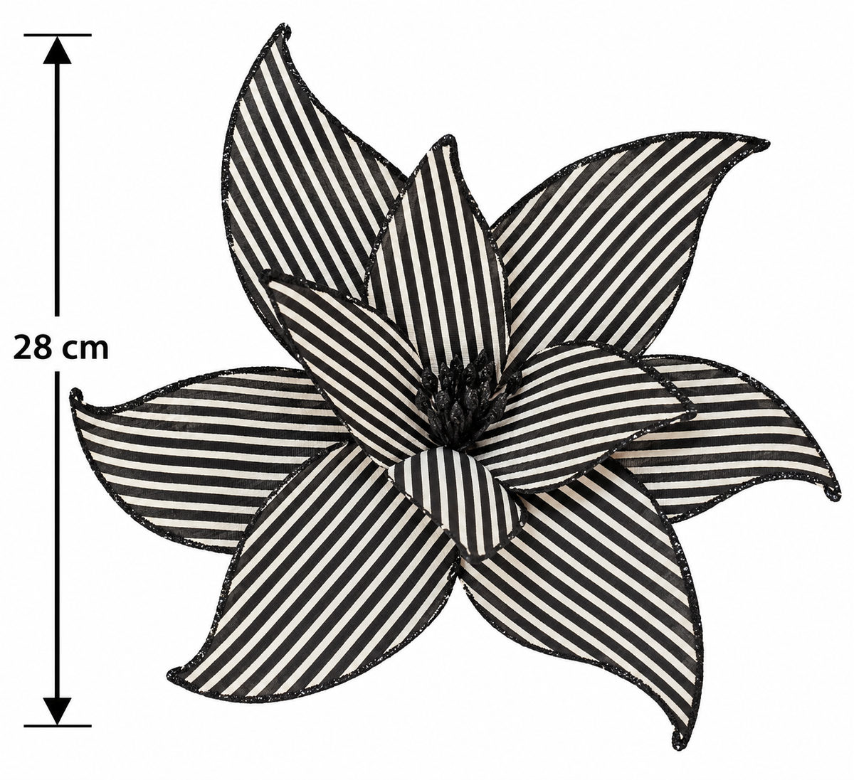 Black and white striped poinsettia flower stem on a white background with a dimension arrow showing 28cm flower width, glitter-edged petal tips, black beaded centre, and stem visible