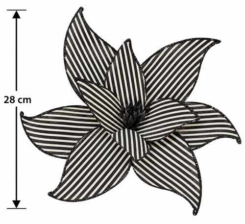 Black and white striped poinsettia flower stem on a white background with a dimension arrow showing 28cm flower width, glitter-edged petal tips, black beaded centre, and stem visible