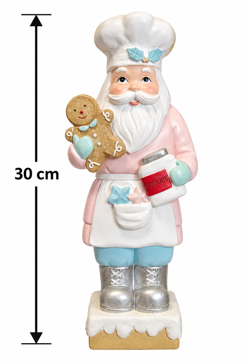 Pastel Baker Santa figurine on a white background with a dimension arrow showing 30cm height, chef's hat, apron, and gingerbread-look base visible