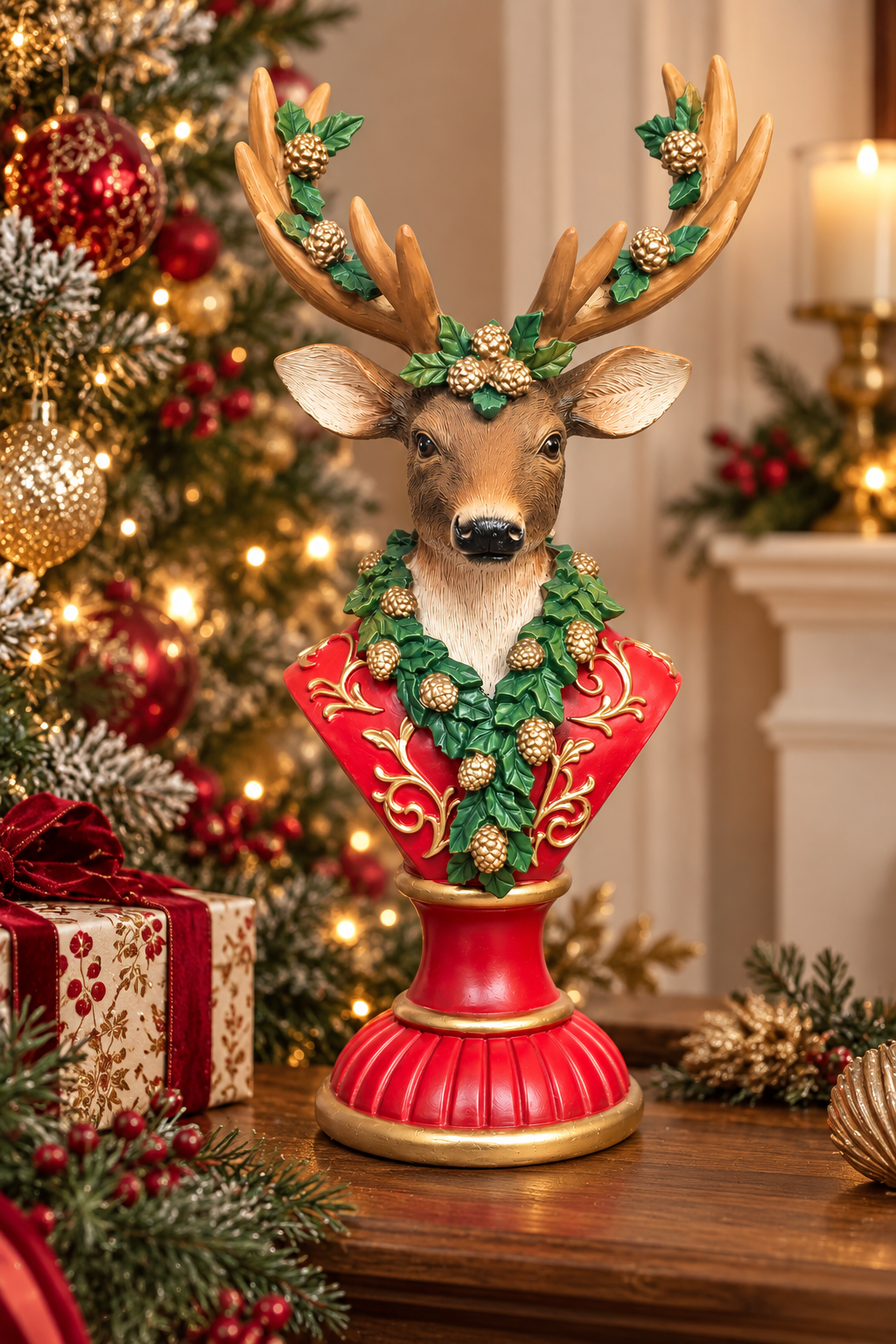 Red and gold reindeer bust figurine with holly and pinecone garland displayed on a wooden console table beside a decorated Christmas tree and gift boxes