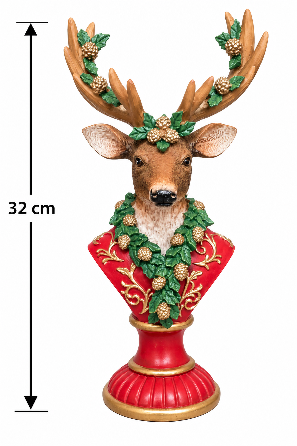 Red and gold reindeer bust figurine on a white background with a dimension arrow showing 32cm height, antler garland and fluted pedestal base visible