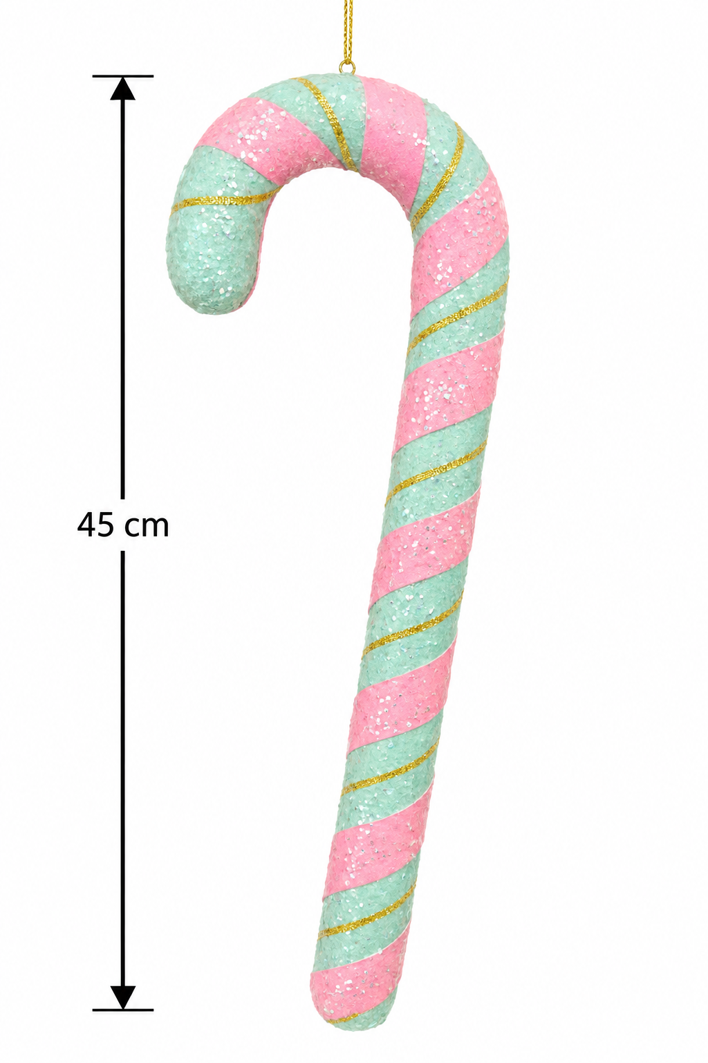 Pink and mint glitter candy cane ornament on a white background with a dimension arrow showing 45cm height, gold hanging cord and tinsel striping visible