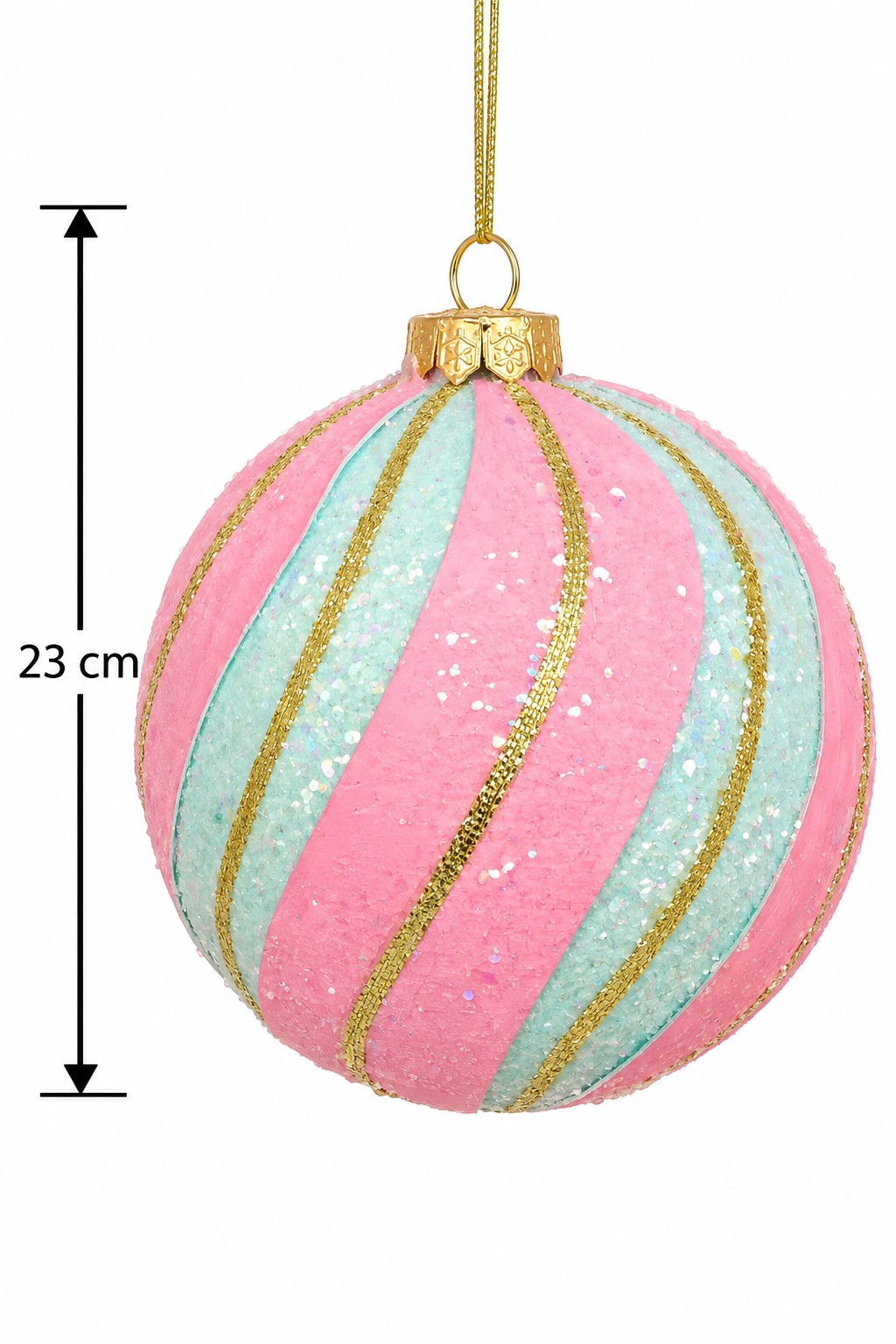 Pink and mint glitter swirl bauble on a white background with a dimension arrow showing 23cm diameter, gold snowflake cap and hanging cord visible