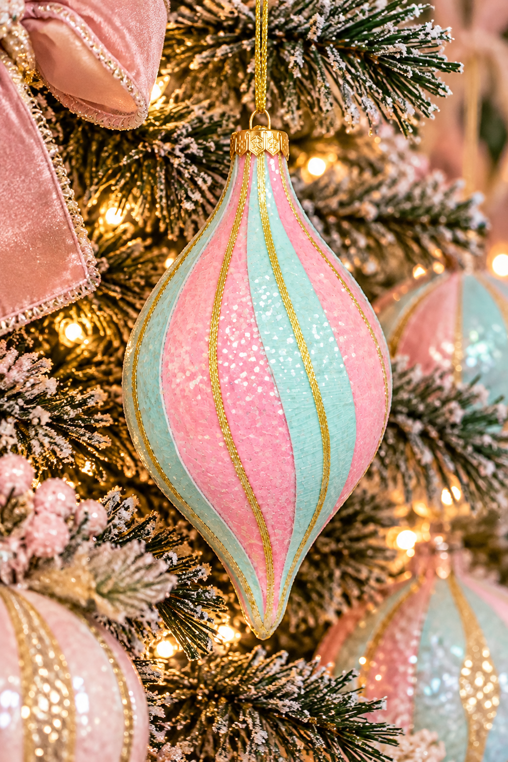 Pink and mint glitter finial ornament with gold swirl stripes hanging on a pastel Christmas tree, pink velvet bow and warm fairy lights in the background