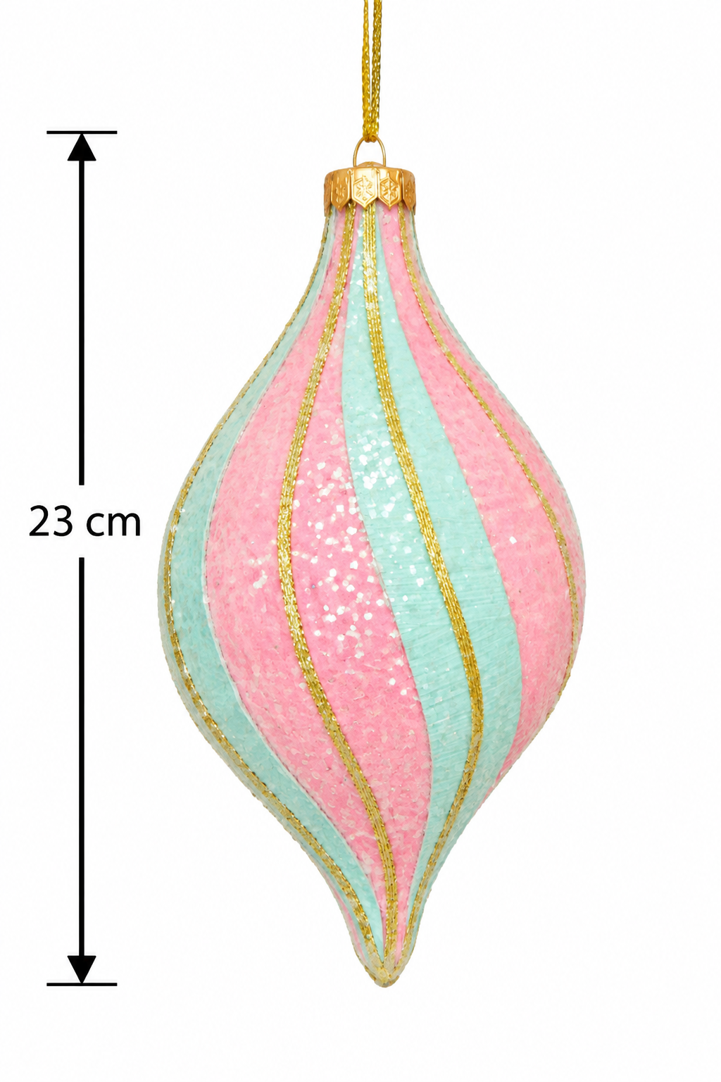 Pink and mint glitter finial ornament on a white background with a dimension arrow showing 23cm height, gold cap and hanging cord visible