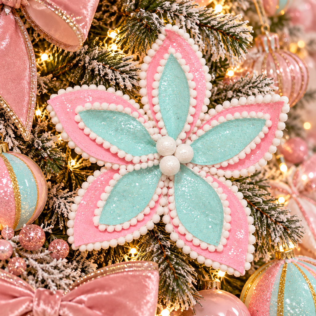 Pink and mint glitter poinsettia flower stem with white pompom trim nestled in a pastel Christmas tree, surrounded by pink velvet bows and warm fairy lights