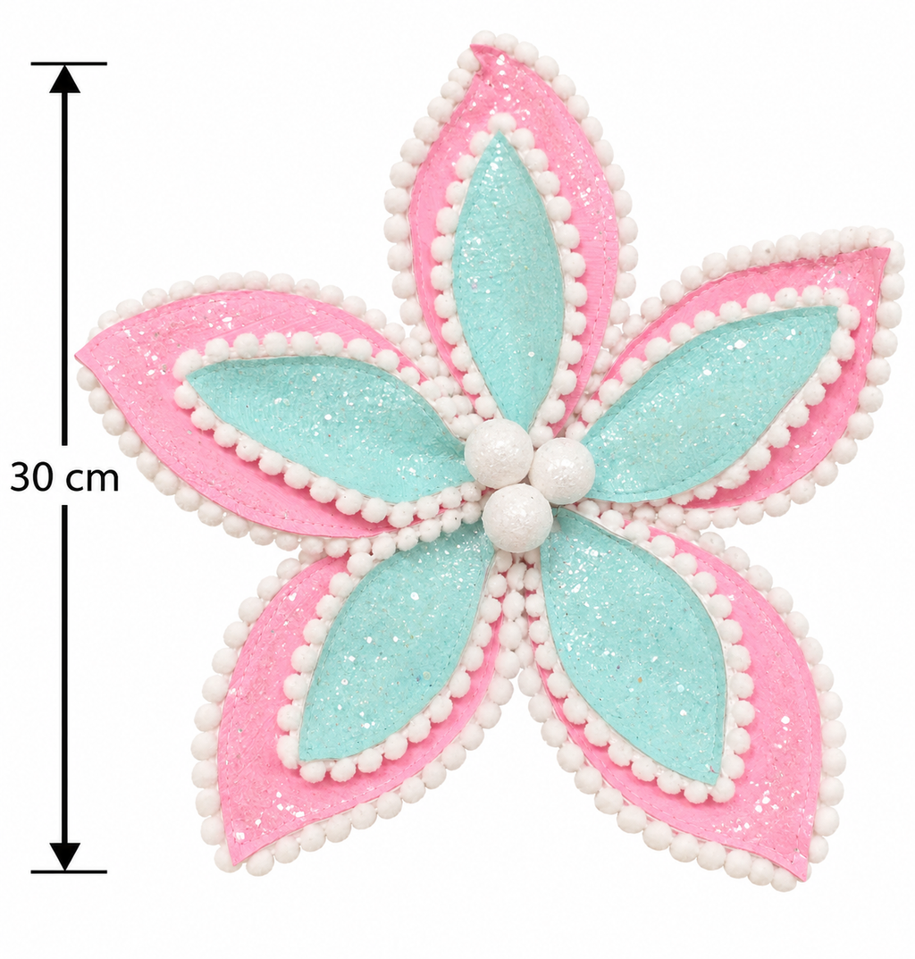Pink and mint glitter poinsettia flower stem on a white background with a dimension arrow showing 30cm flower width, white pompom trim, beaded centre, and stem visible