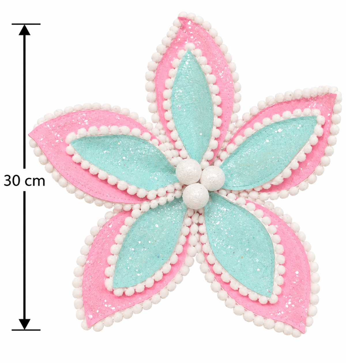 Pink and mint glitter poinsettia flower stem on a white background with a dimension arrow showing 30cm flower width, white pompom trim, beaded centre, and stem visible