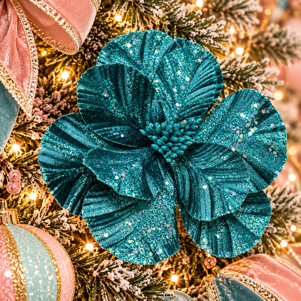 Deep teal glitter magnolia flower stem nestled in a pastel pink and mint Christmas tree, surrounded by velvet bows and warm fairy lights