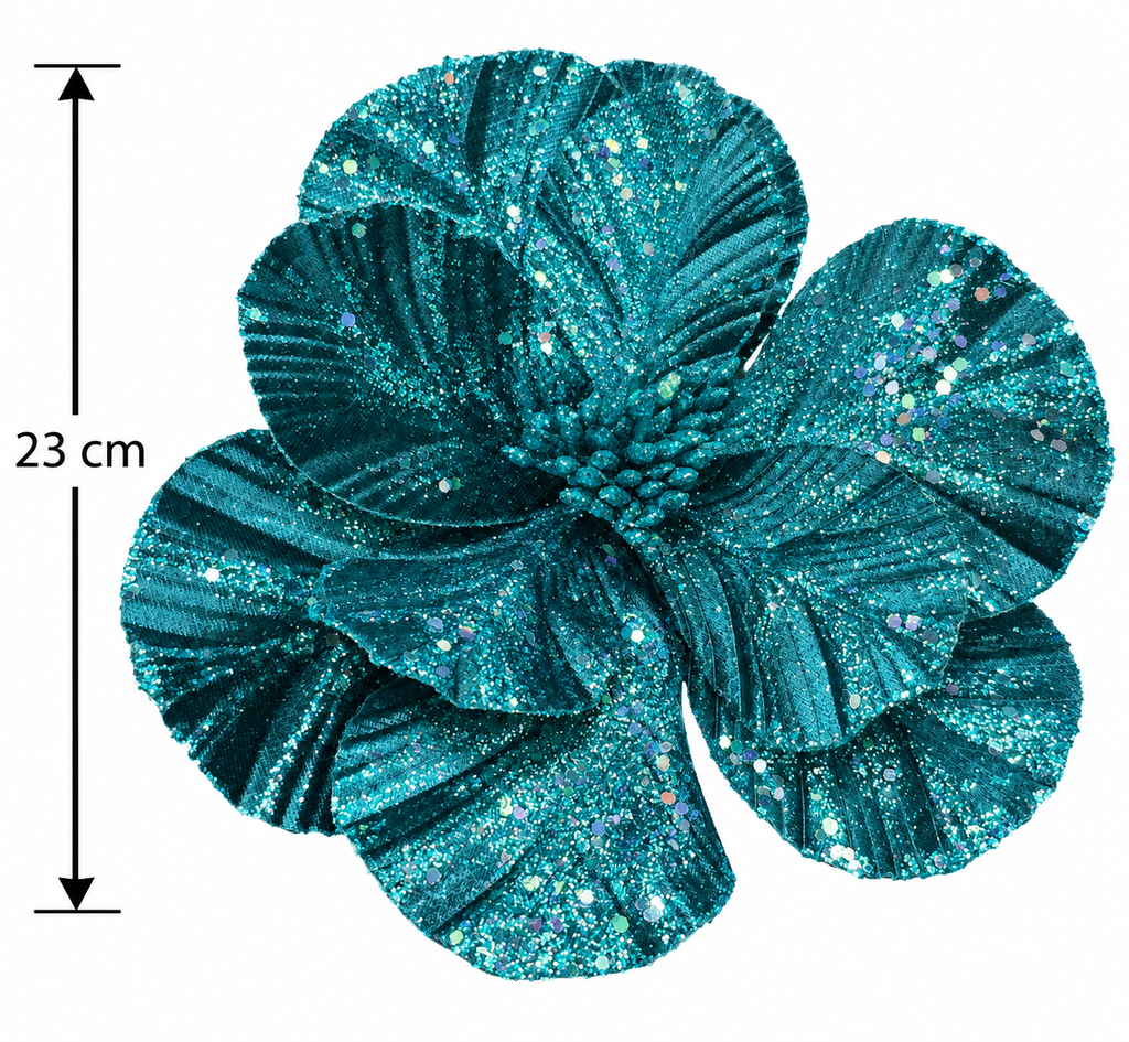 Deep teal glitter magnolia flower stem on a white background with a dimension arrow showing 23cm flower width, pleated petals, beaded centre, and stem visible
