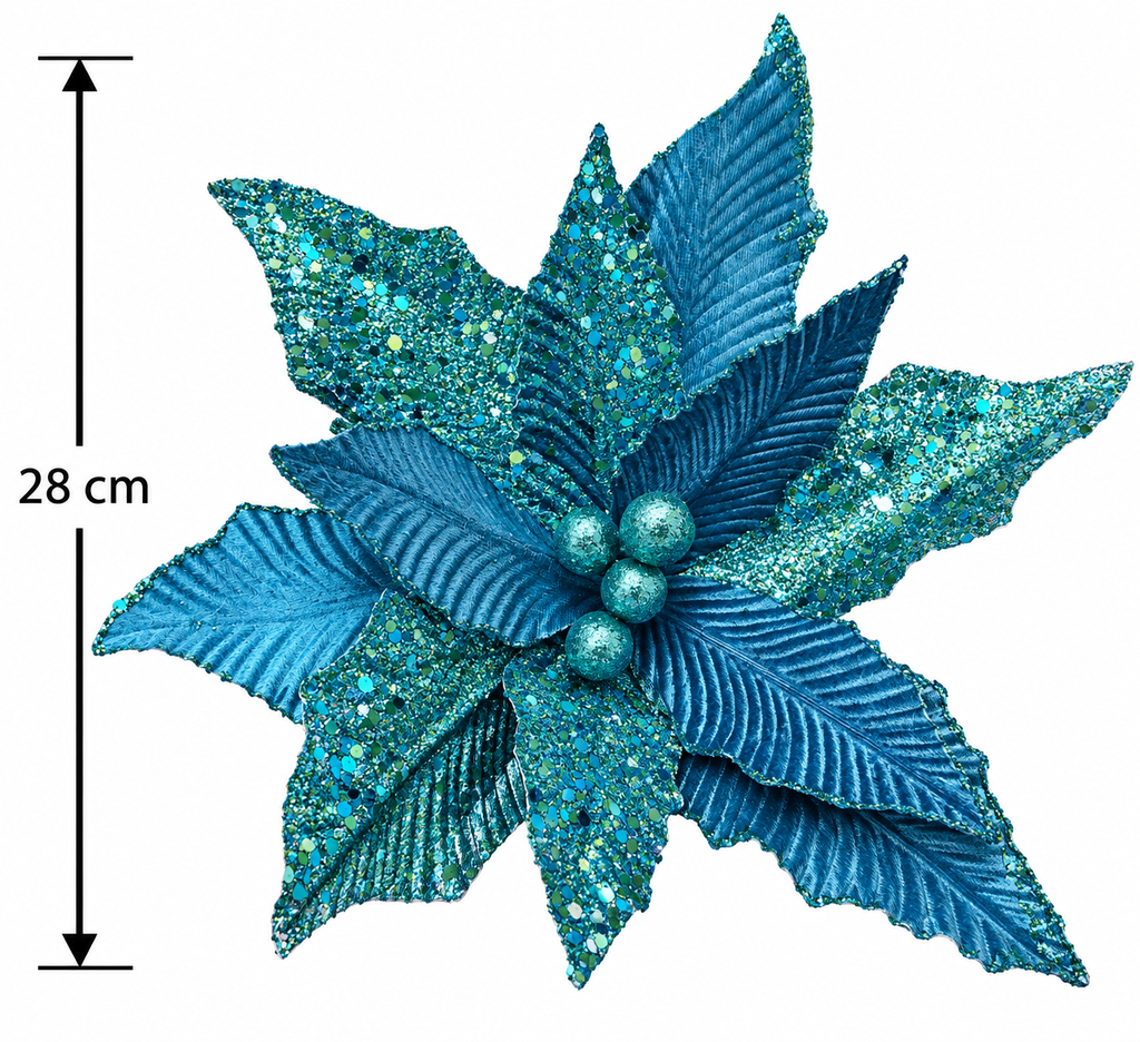 Teal velvet poinsettia flower stem on a white background with a dimension arrow showing 28cm flower width, glitter-dusted leaf tips, beaded centre, and stem visible