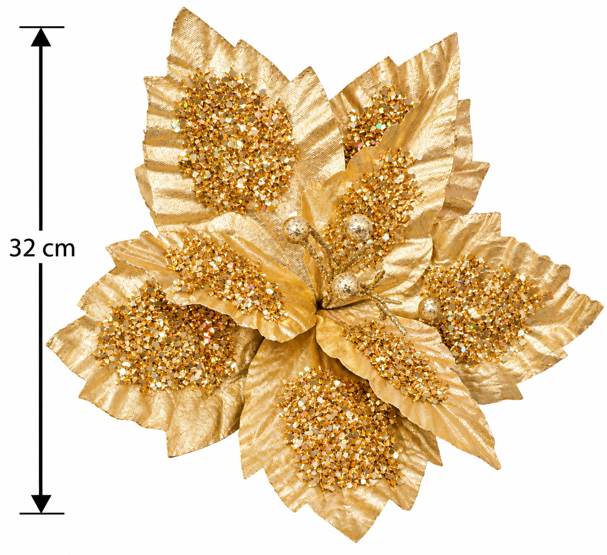 Metallic gold glitter poinsettia flower stem on a white background with a dimension arrow showing 32cm flower width, glittered leaf centres, beaded stamen cluster, and stem visible