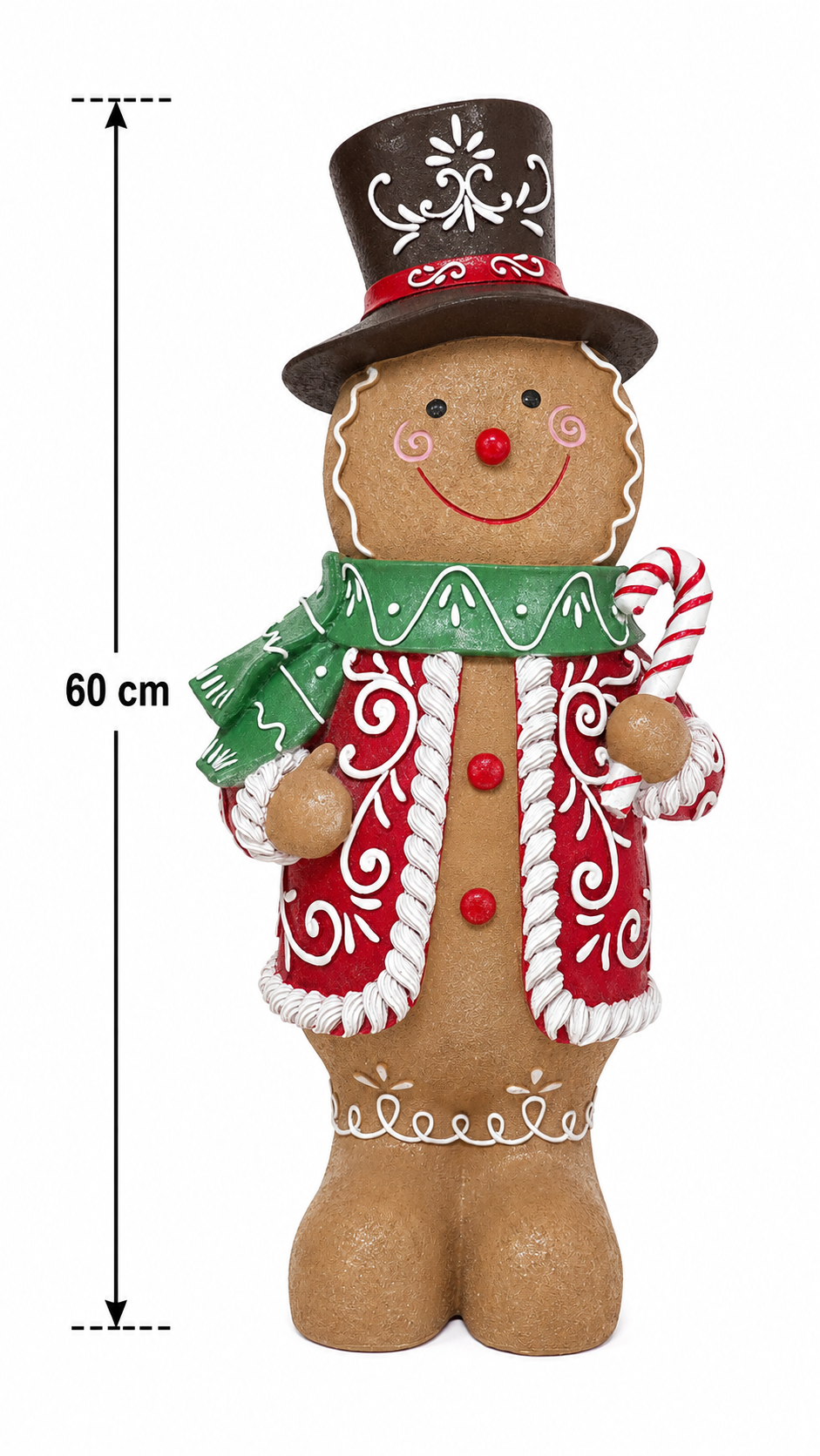 Large gingerbread man statue on a white background with a measurement arrow showing 60cm height, showing the top hat, scarf and icing-detailed coat.
