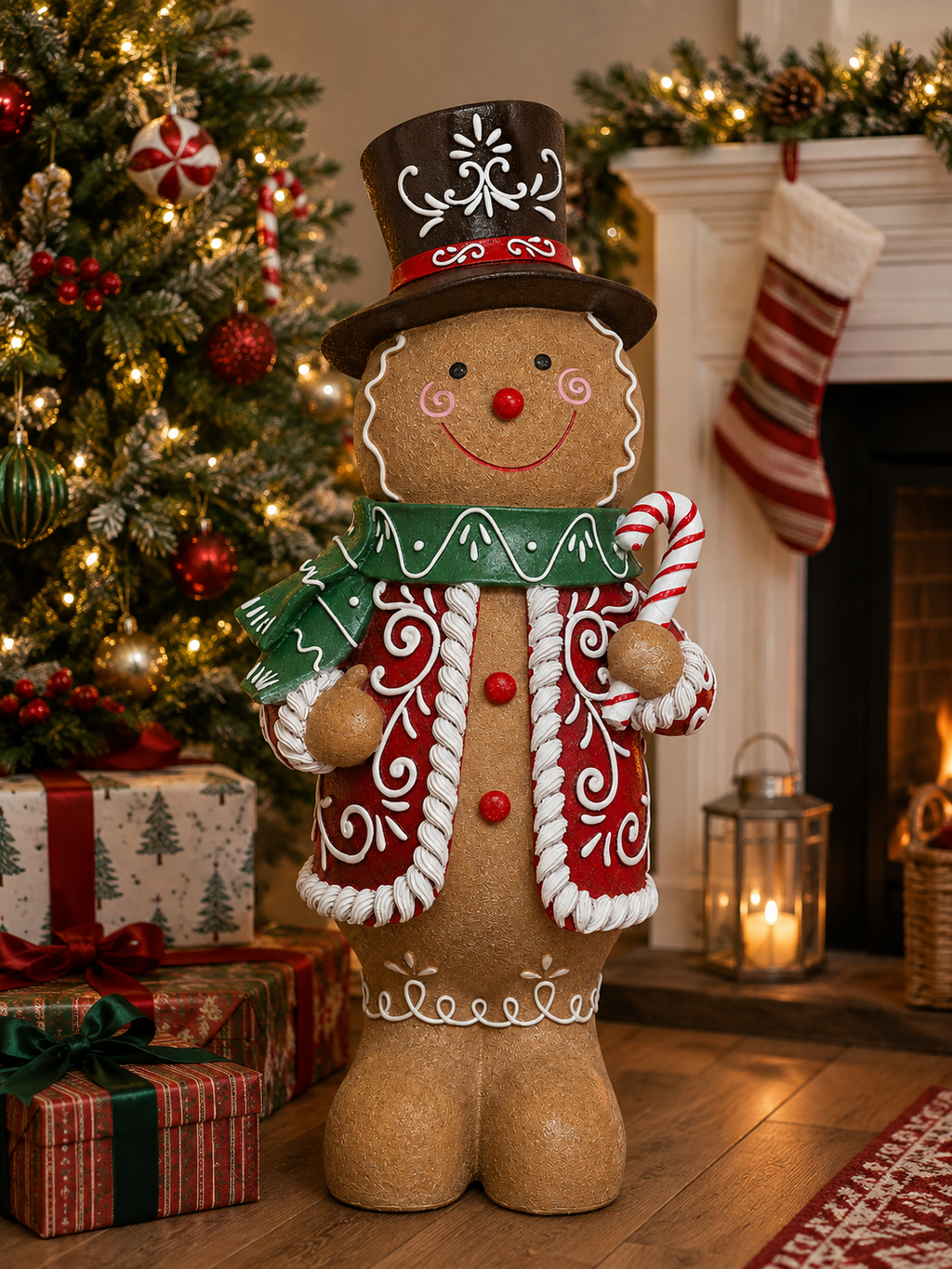 Large gingerbread man statue in a top hat and scarf holding a candy cane, standing beside a decorated Christmas tree and wrapped gifts near a lit fireplace.