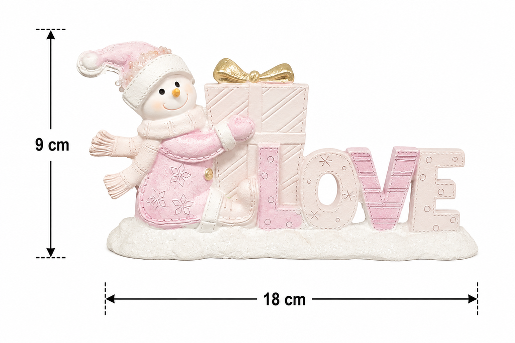 Pink snowman "LOVE" ornament on a white background with measurement arrows showing 9cm height and 18cm width.