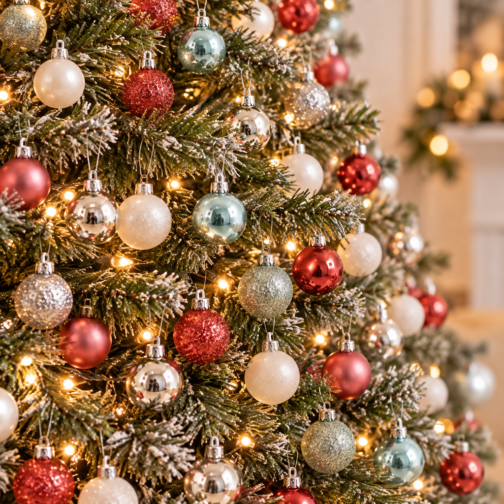 Mixed Christmas baubles in silver, mint, red, white and pink hanging on a flocked Christmas tree with warm fairy lights