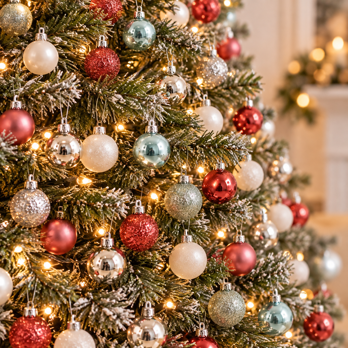 Mixed Christmas baubles in silver, mint, red, white and pink hanging on a flocked Christmas tree with warm fairy lights