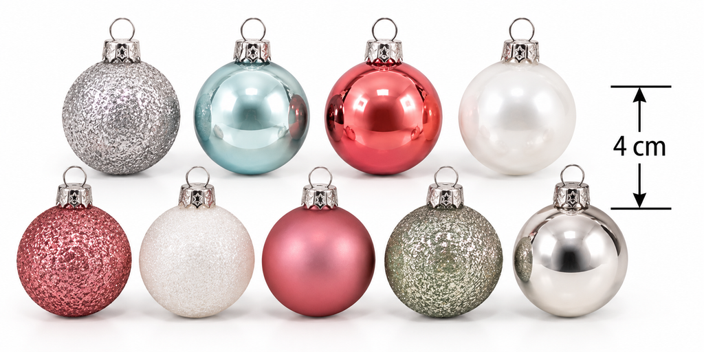 Nine Christmas baubles in different colours and finishes side by side showing height measurement of 4cm