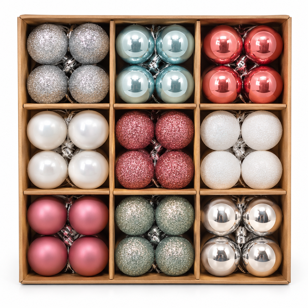 Christmas bauble set of 72 in a compartmented wooden-look gift box, sorted by colour into nine sections