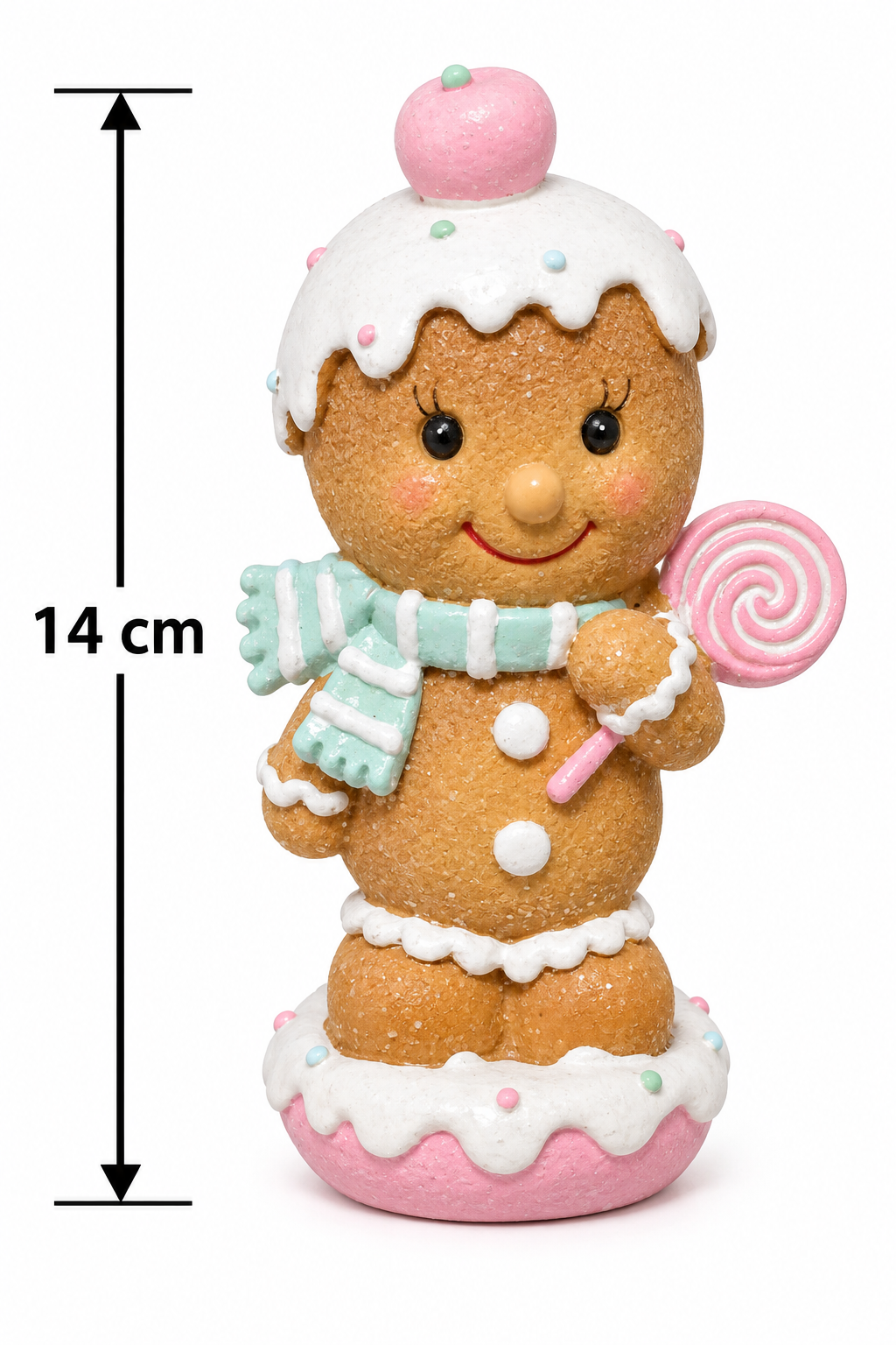 Pastel gingerbread girl figurine on white background with height measurement showing 14cm, front view showing mint scarf, icing hat and lollipop detail