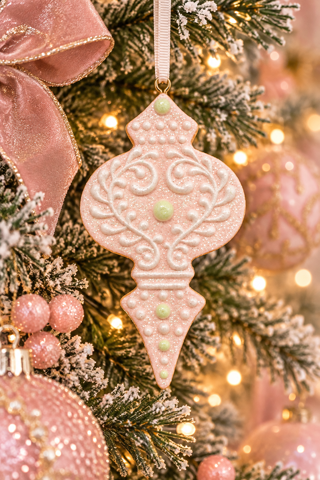 Pastel pink iced quatrefoil finial ornament hanging on a flocked Christmas tree, styled with pink ribbon and glittered pink baubles