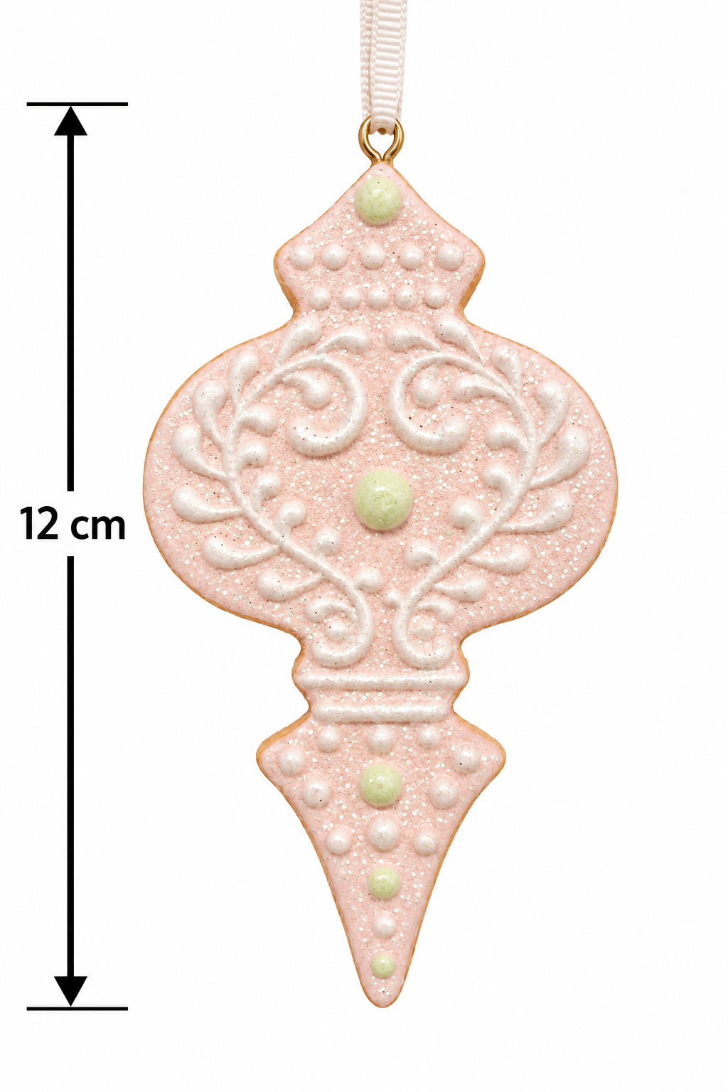 Pastel pink iced quatrefoil finial ornament on white background with height measurement showing 12cm, front view showing white icing scrollwork and mint green accents
