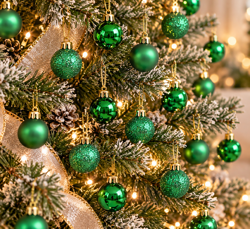 Green Christmas baubles in shiny, glitter and matte finishes hanging on a flocked Christmas tree with gold ribbon and warm fairy lights
Image