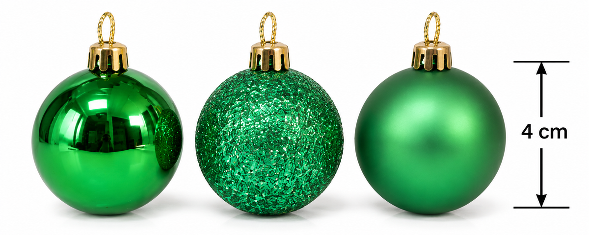 Three green Christmas baubles side by side showing shiny, glitter and matte finishes with height measurement showing 4cm