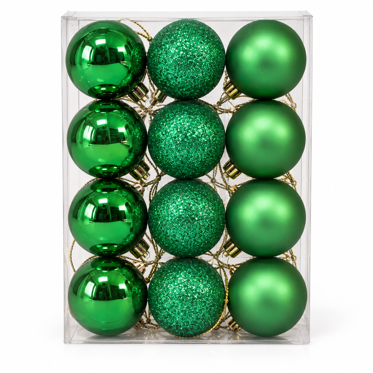 Green Christmas bauble set of 24 in shiny, glitter and matte finishes packaged in a clear retail box, four rows of each finish