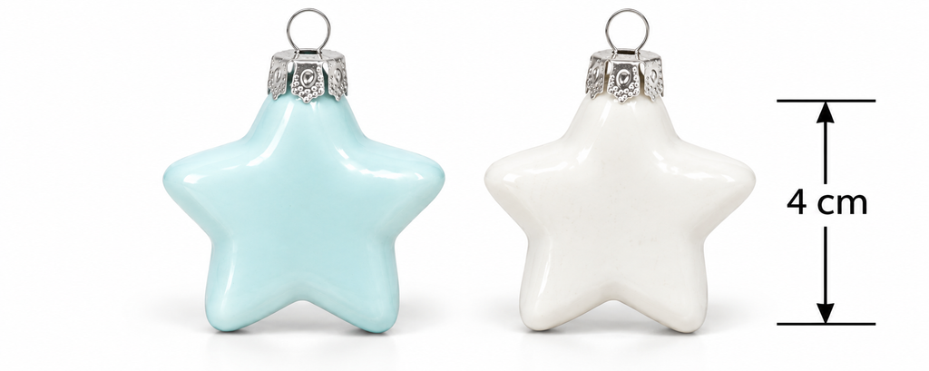 Duck egg blue and white glass star ornaments side by side with height measurement showing 4cm, silver crimped caps visible