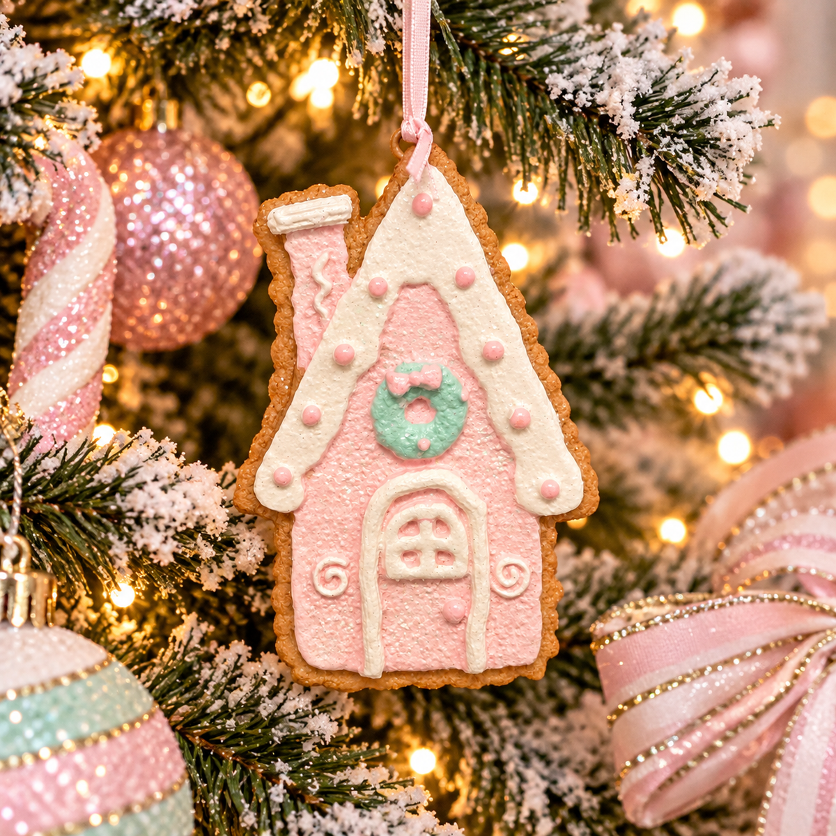Pink gingerbread house hanging ornament with white icing roof and mint green wreath on a frosted Christmas tree with pink baubles and fairy lights