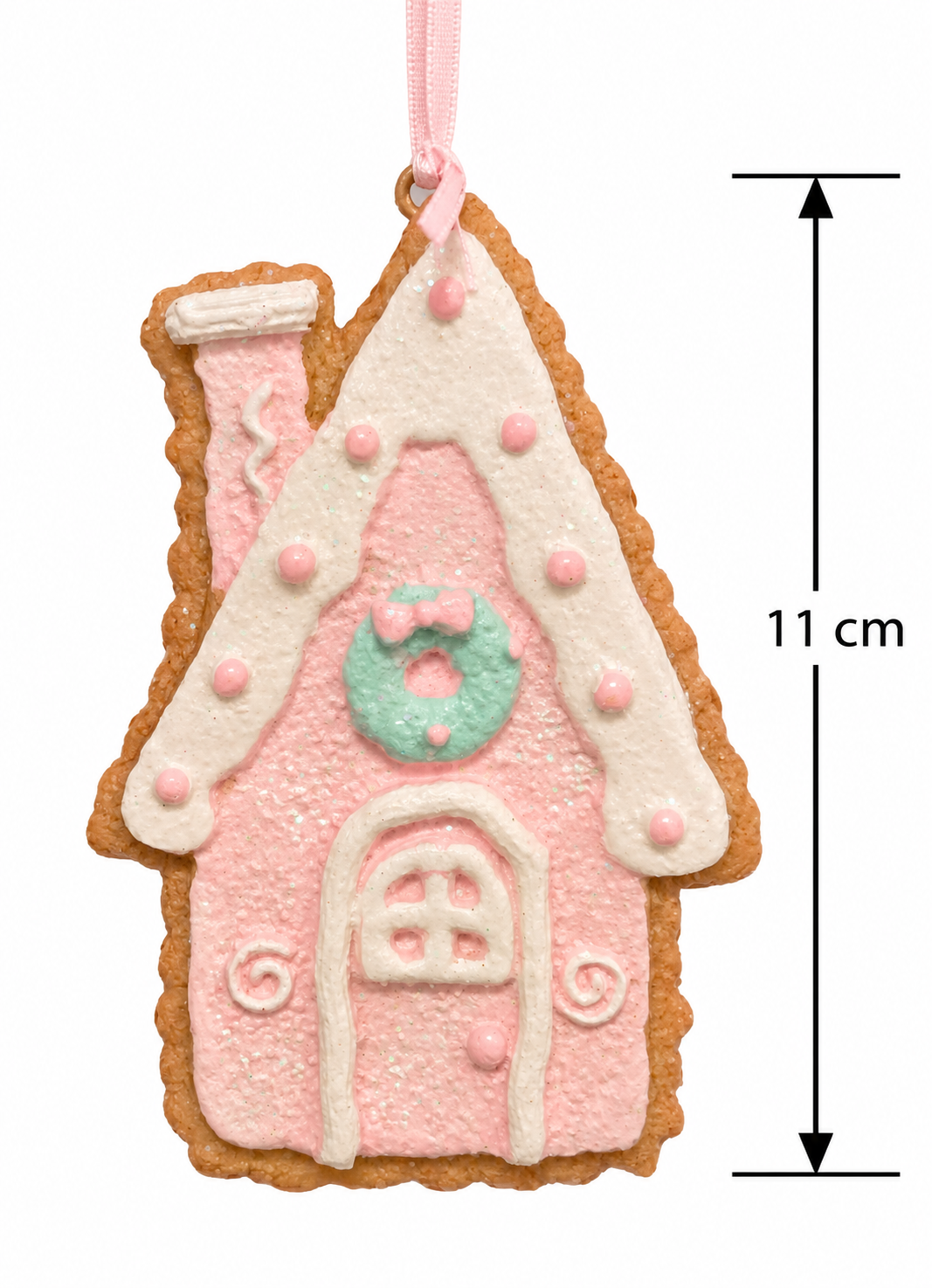 Pink gingerbread house ornament with pink ribbon hanger, arched window and icing swirls on white, shown with an 11cm height measurement