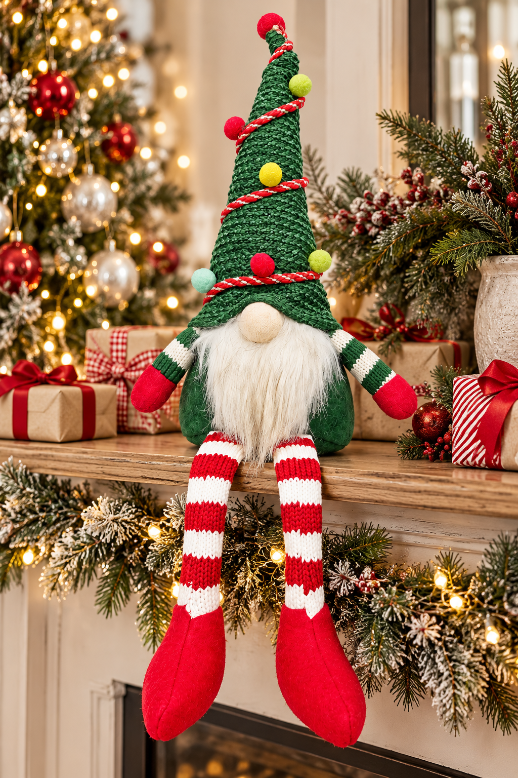 Green knit Christmas tree gnome sitting on a decorated mantel with legs dangling, surrounded by wrapped gifts, ornaments and a lit Christmas tree