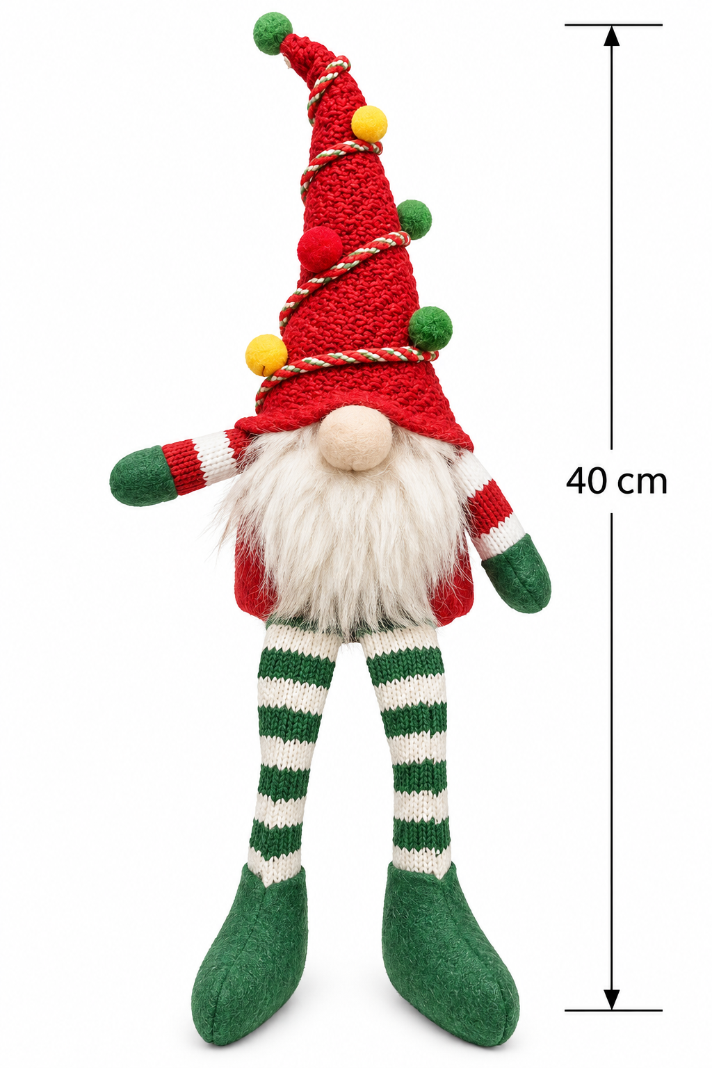 Christmas tree gnome in a red knit hat on a white background showing full height of 40cm with green striped legs hanging over a display block
