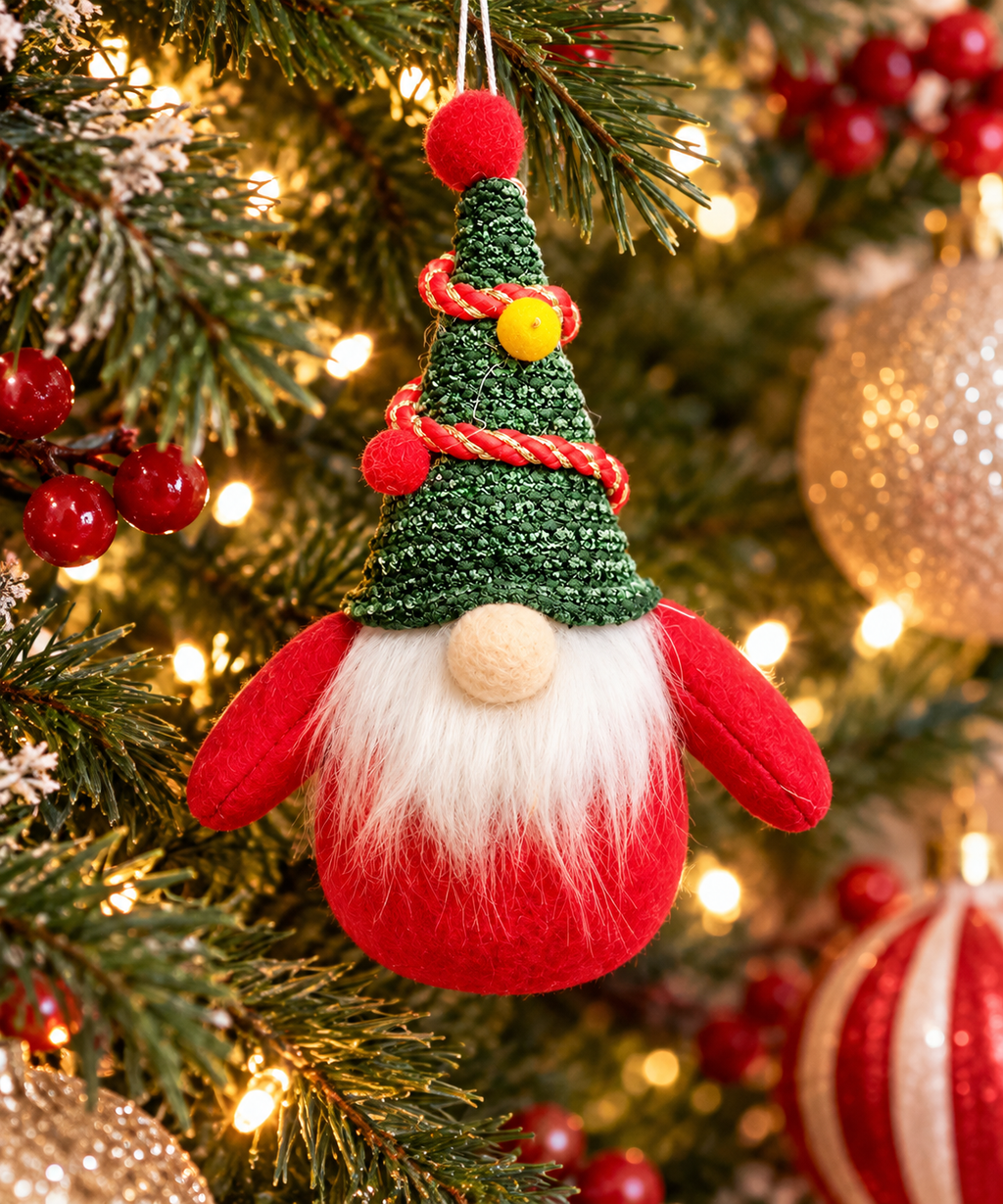Small red and green gnome hanging ornament on a Christmas tree branch, surrounded by red berries, fairy lights and gold baubles