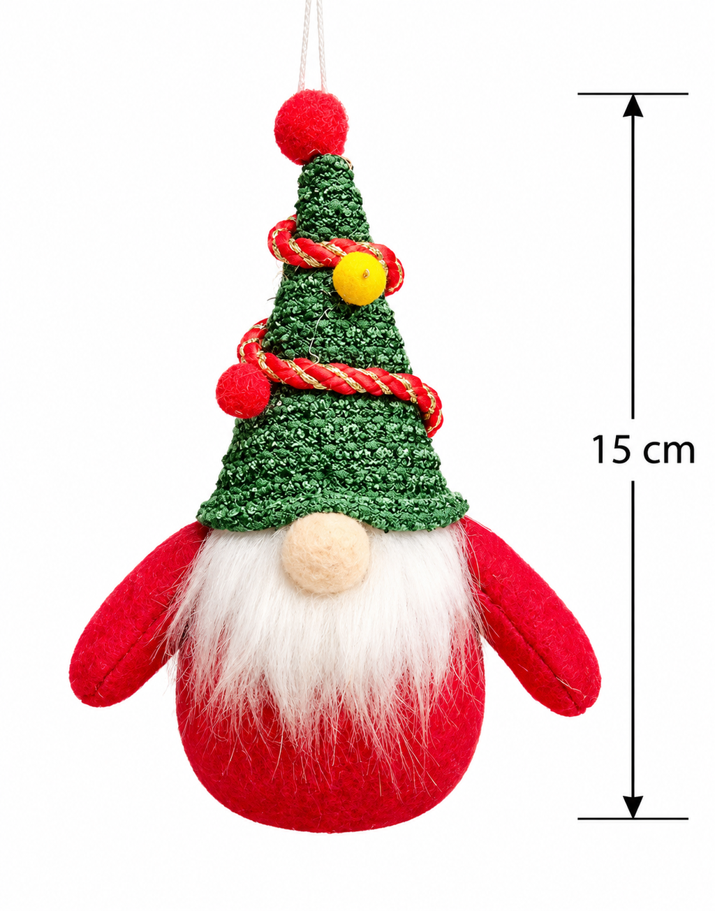 Small gnome hanging ornament on a white background with a measurement arrow marking 15cm from hat tip to base