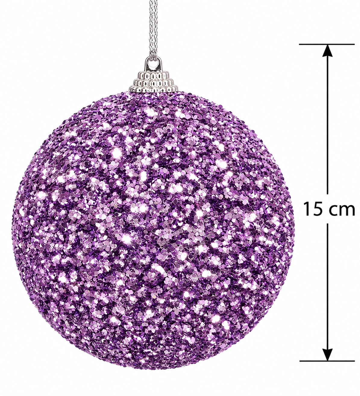 Purple glitter Christmas bauble on a white background with a measurement arrow marking 15cm diameter and silver cap and cord visible