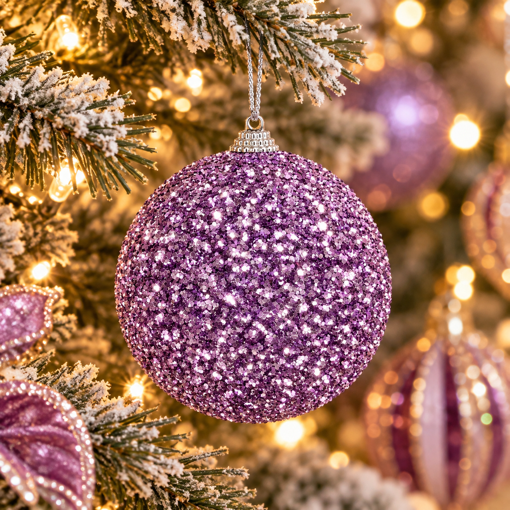 Purple glitter Christmas bauble hanging on a decorated tree, close up showing dense glitter texture with silver cap and cord, fairy lights in the background