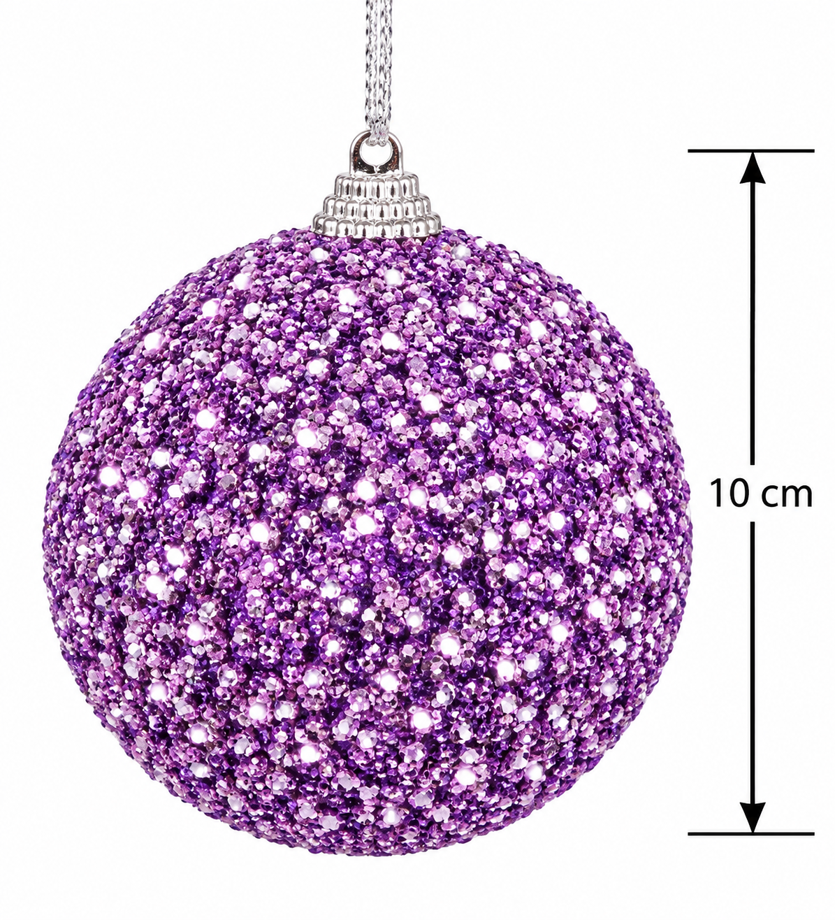 Purple glitter Christmas bauble on a white background with a measurement arrow marking 10cm diameter and silver cap and cord visible