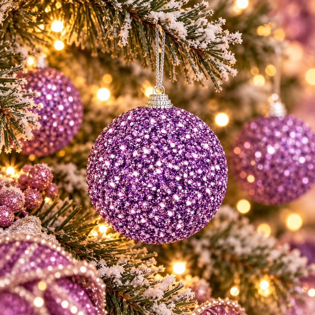 Purple glitter Christmas bauble hanging on a decorated tree, close up showing dense sparkle texture with silver cap and cord, other purple baubles visible nearby