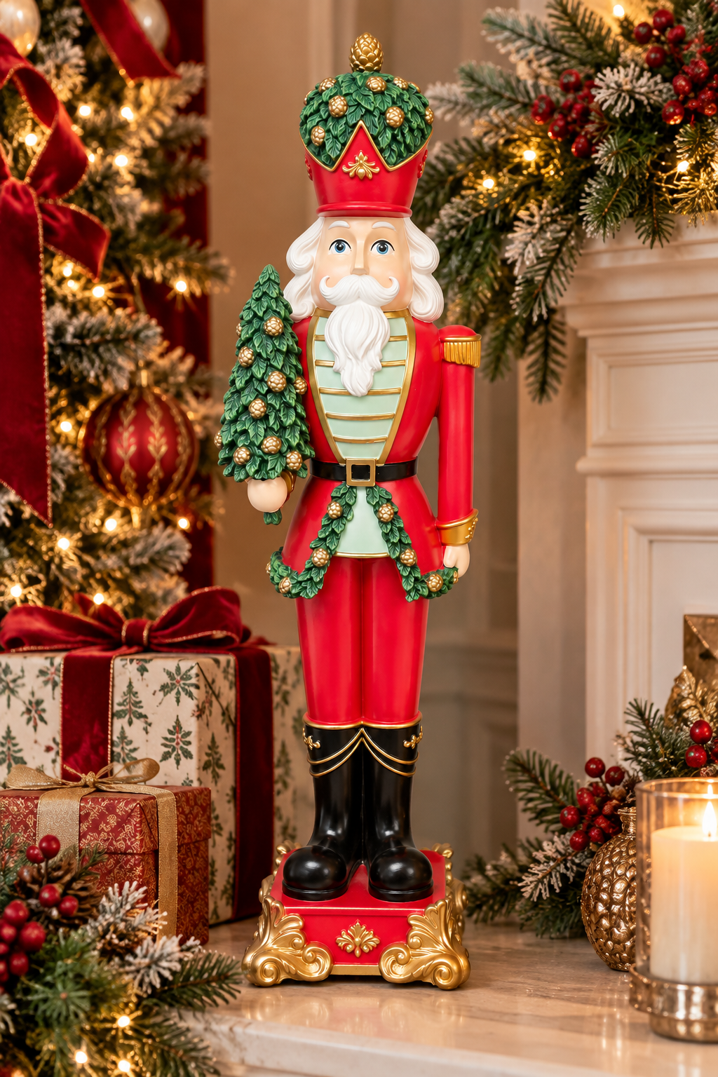 Red and gold nutcracker soldier statue holding a decorated mini Christmas tree, standing beside a Christmas tree and wrapped gifts on a mantel