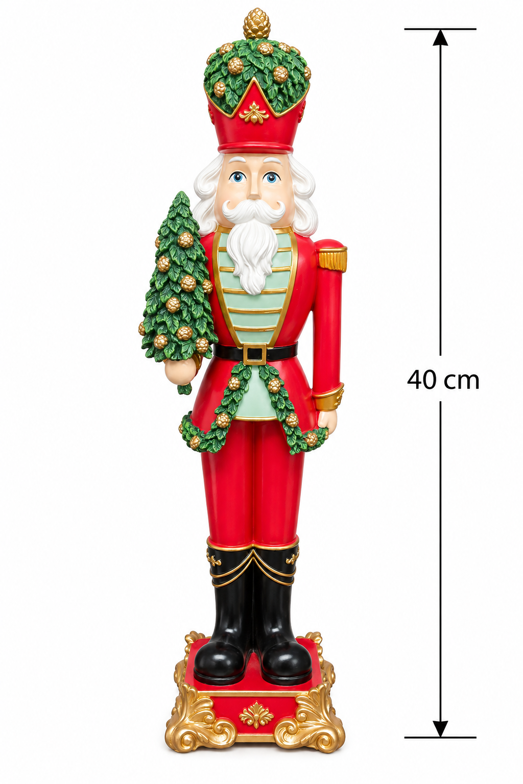 Red and gold nutcracker soldier statue on a white background with a measurement arrow marking 40cm from hat to base