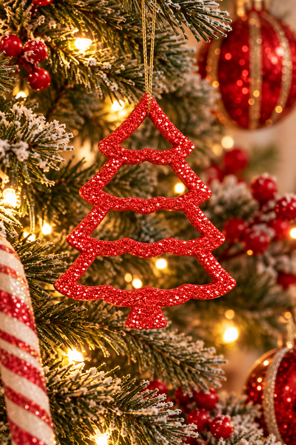 Red glitter Christmas tree outline ornament hanging on a decorated Christmas tree, surrounded by red baubles, candy cane ribbon and warm fairy lights