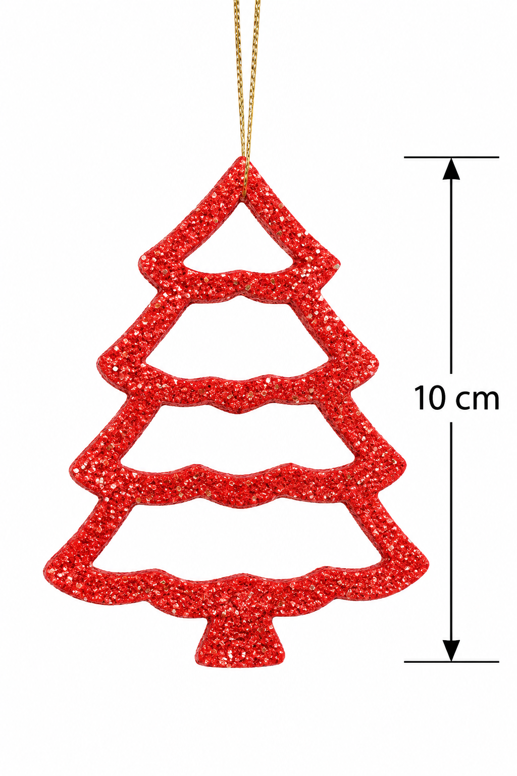 Red glitter open Christmas tree hanging ornament on white background with 10cm measurement guide showing full height
