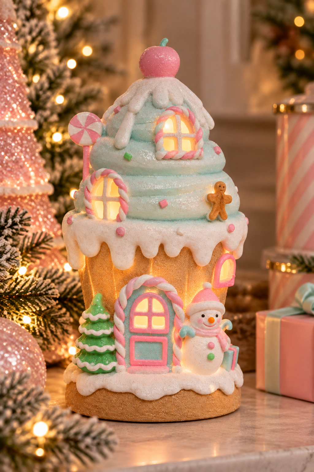 LED gingerbread cupcake house glowing warmly at night, pink and mint candy-themed Christmas decoration lit from inside, styled with pink Christmas trees and wrapped gifts