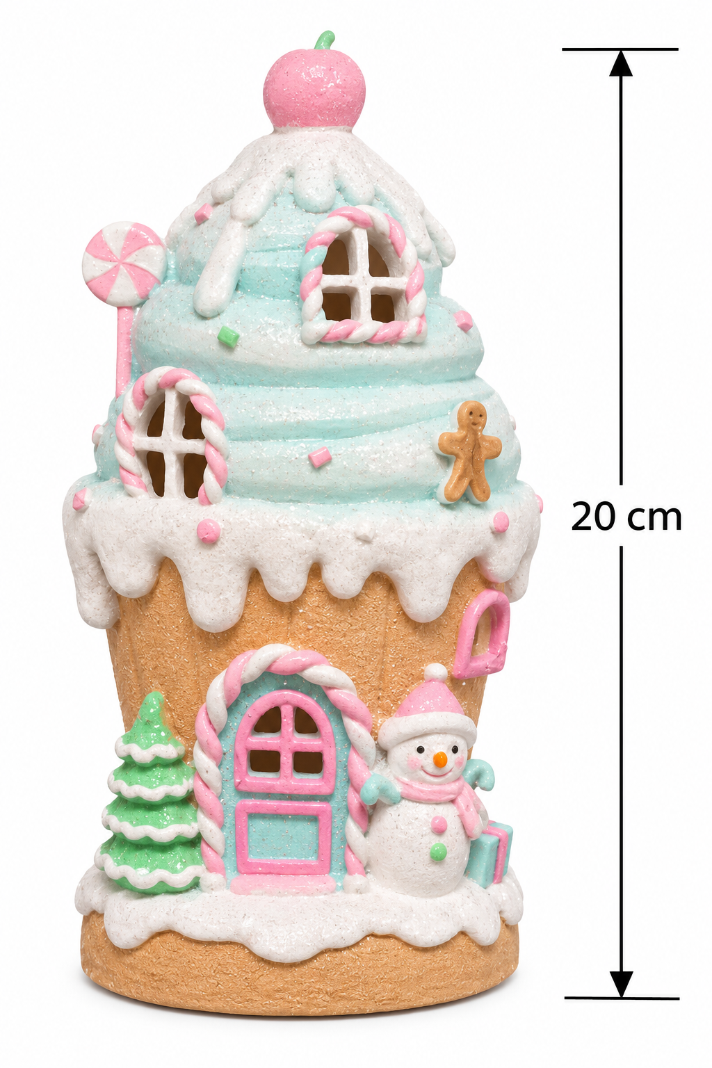 Gingerbread cupcake house on white background with 20cm height measurement, showing full detail of pastel pink and mint icing, snowman figurine, gingerbread man, candy cane door, and pink cherry topper