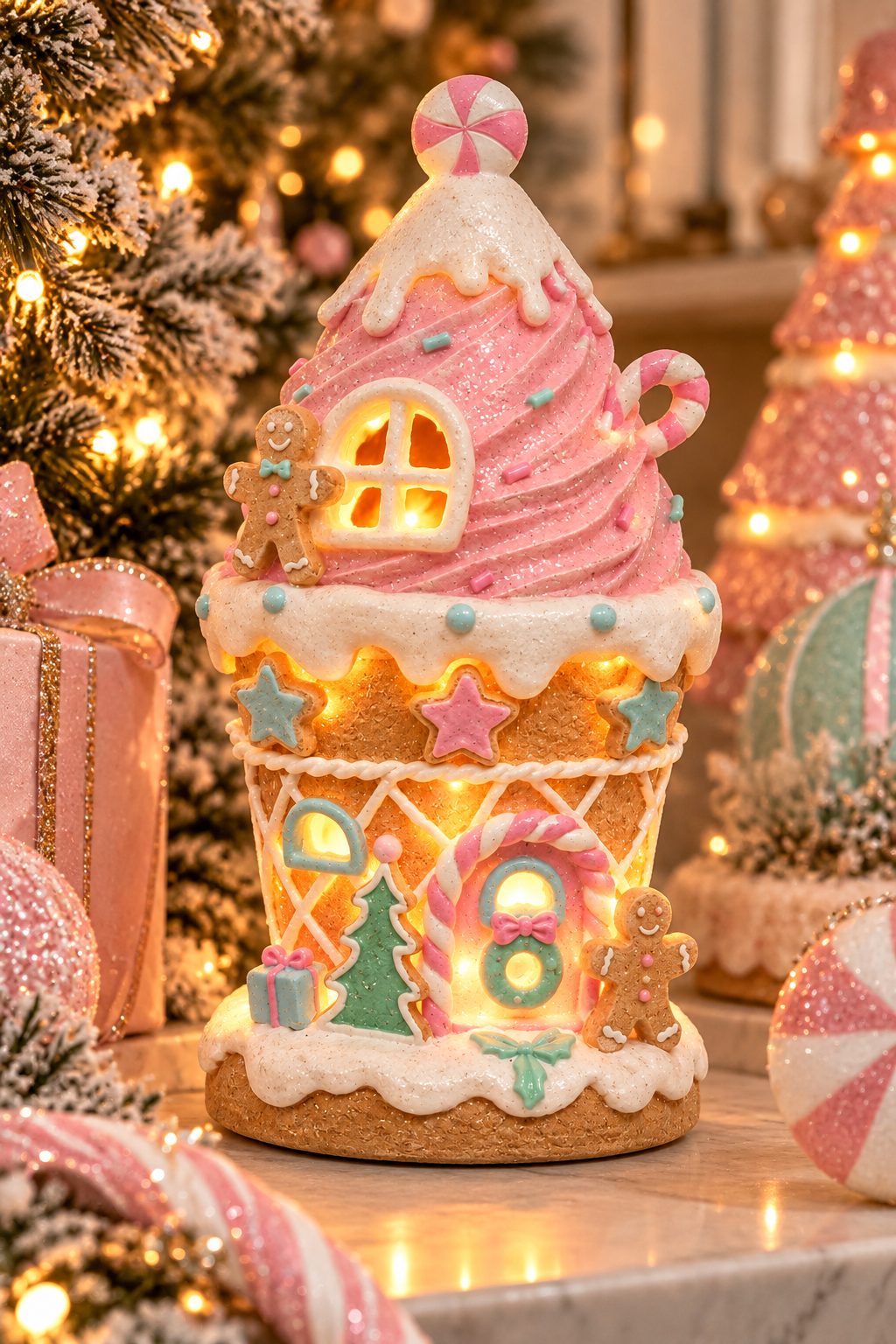 Pink LED gingerbread cupcake house glowing warmly, candy-themed Christmas decoration with pink swirl top, peppermint lollipop, gingerbread men and star cookie details, styled with Christmas trees and gifts