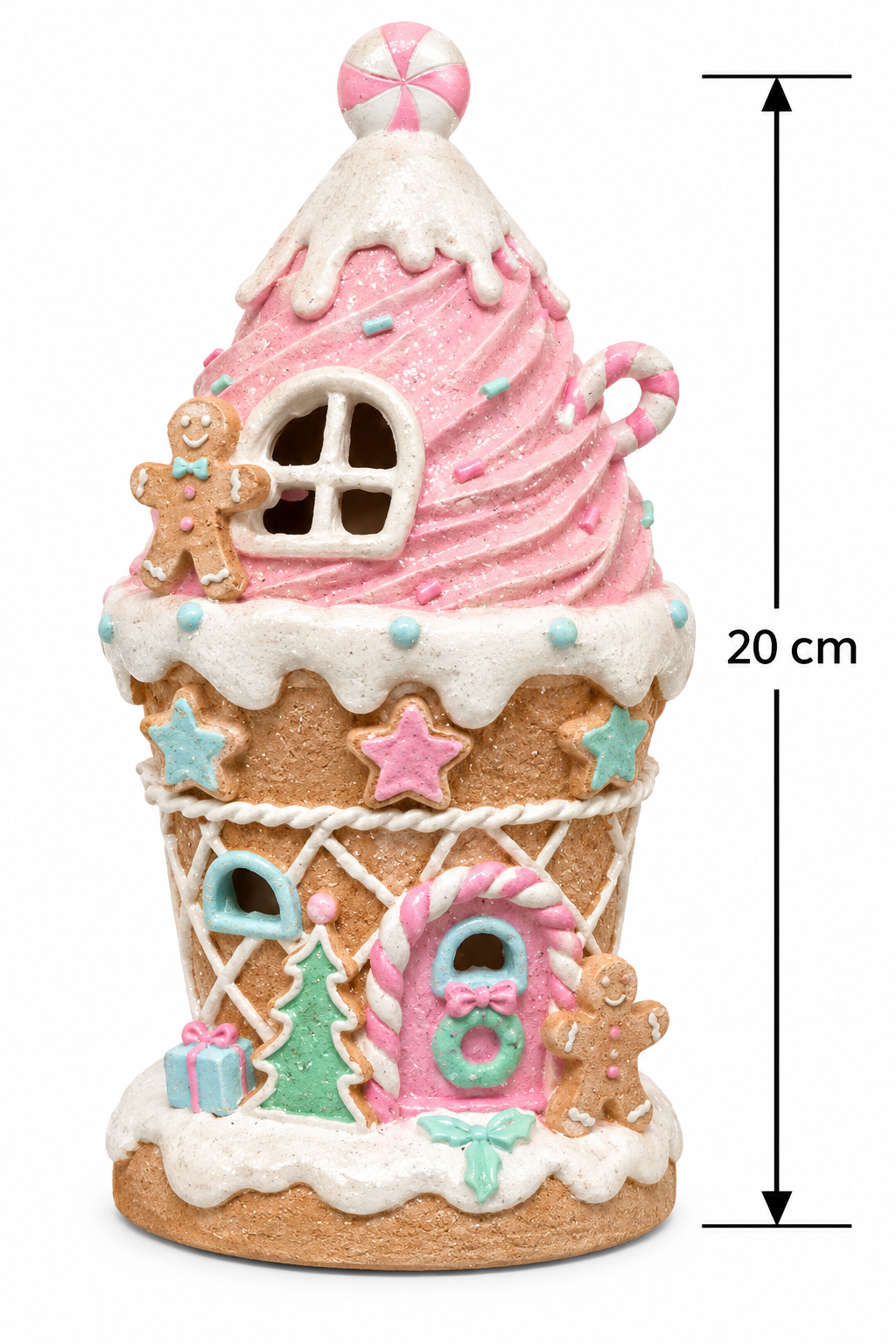 Pink gingerbread cupcake house on white background with 20cm height measurement, showing full detail of waffle cone body, star cookies, candy cane door, wreath, Christmas tree, and peppermint lollipop topper