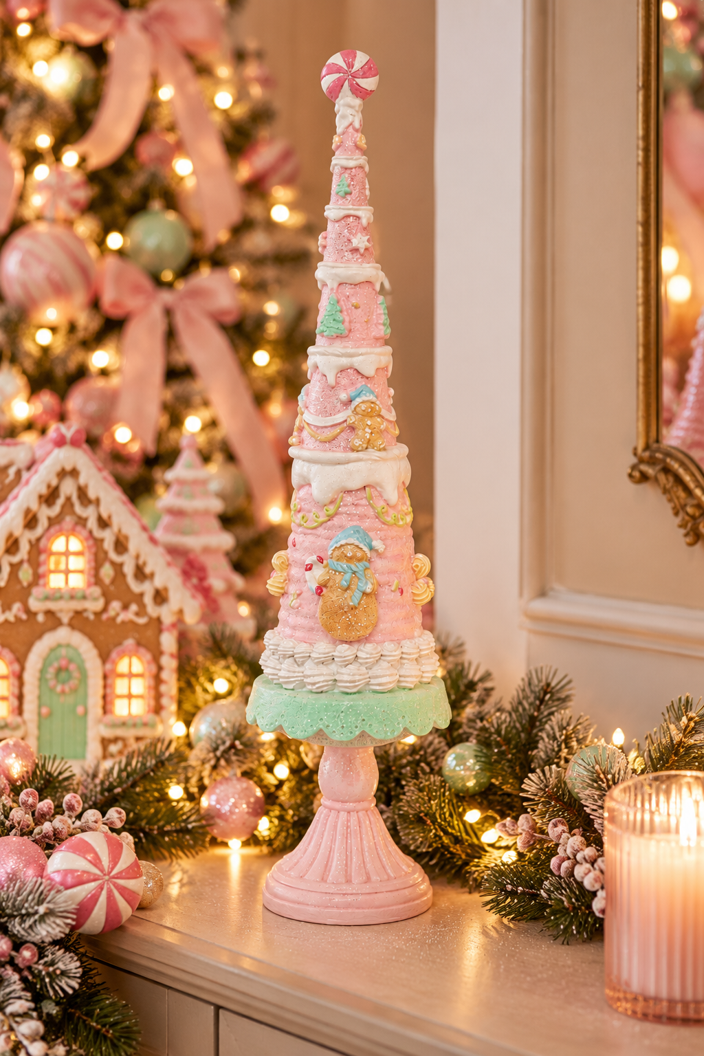 Pastel pink candy Christmas tree figurine on a glitter pedestal stand, styled on a mantel with a pink Christmas tree, gingerbread house, fairy lights and frosted greenery