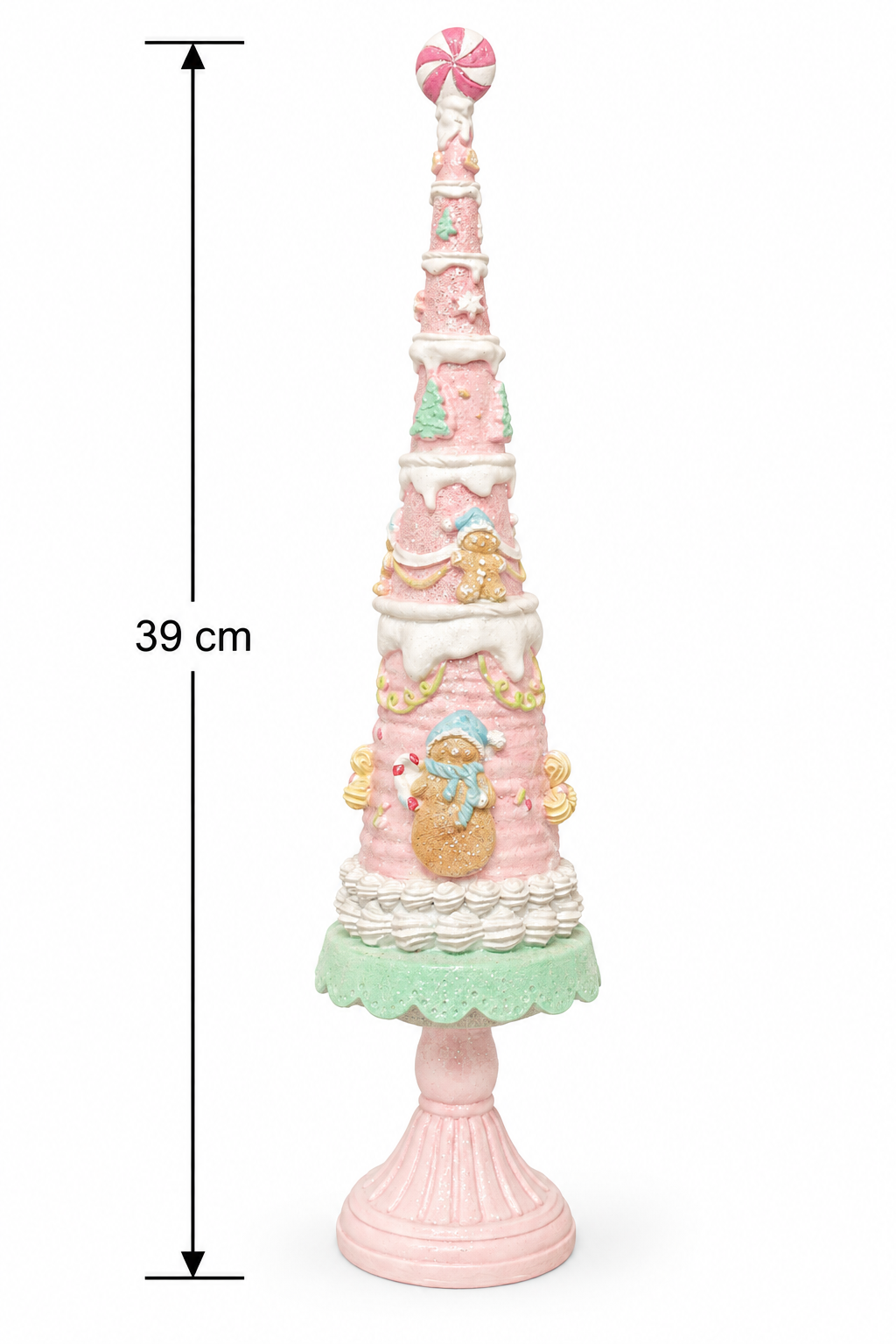 Pink glitter gingerbread candy Christmas tree figurine on white background with 39cm height measurement, showing peppermint topper, icing drips, gingerbread man detail and mint-green scalloped base